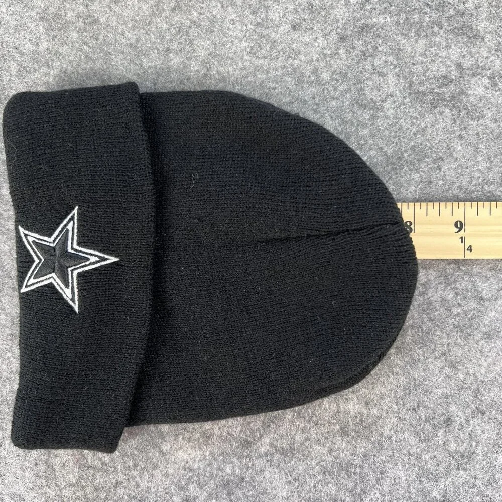2 Mens Knit Caps 1 Star Embroidered 1 Solid Black Beanie Cuffed Winter Football
